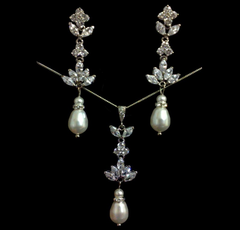 Dangle Wedding Earrings HARMONY Teardrop Wedding Jewelry Pearl Bridal Jewelry Cubic Zirconia Bridal Earrings Cz Drop Bridal Necklace