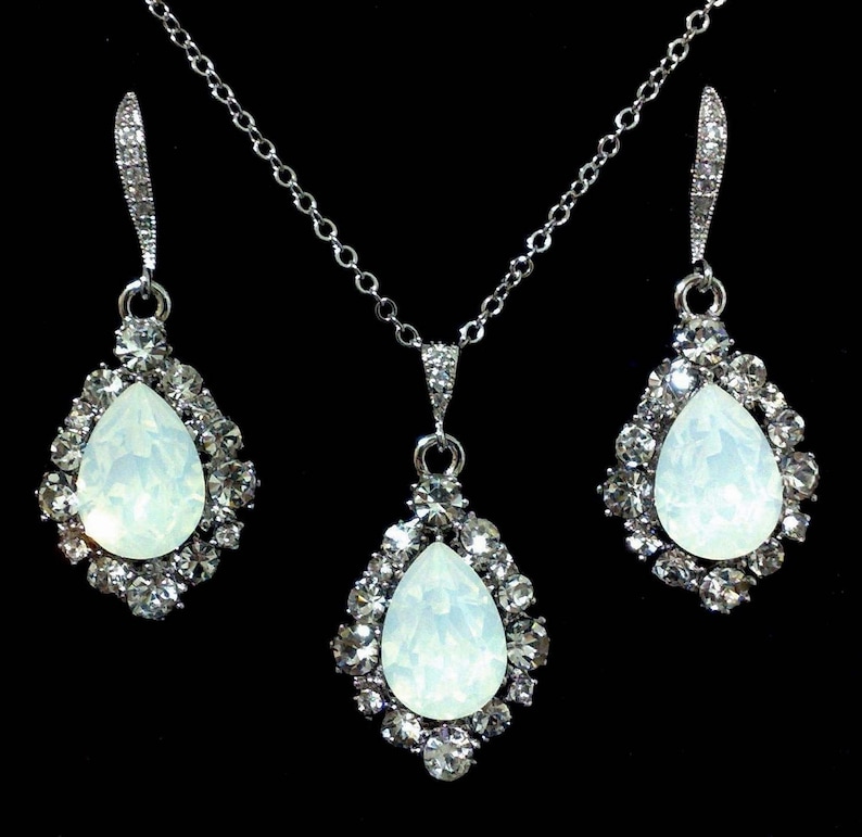 White Opal Bridal Jewelry Set Dangle Bridal Earrings Etsy