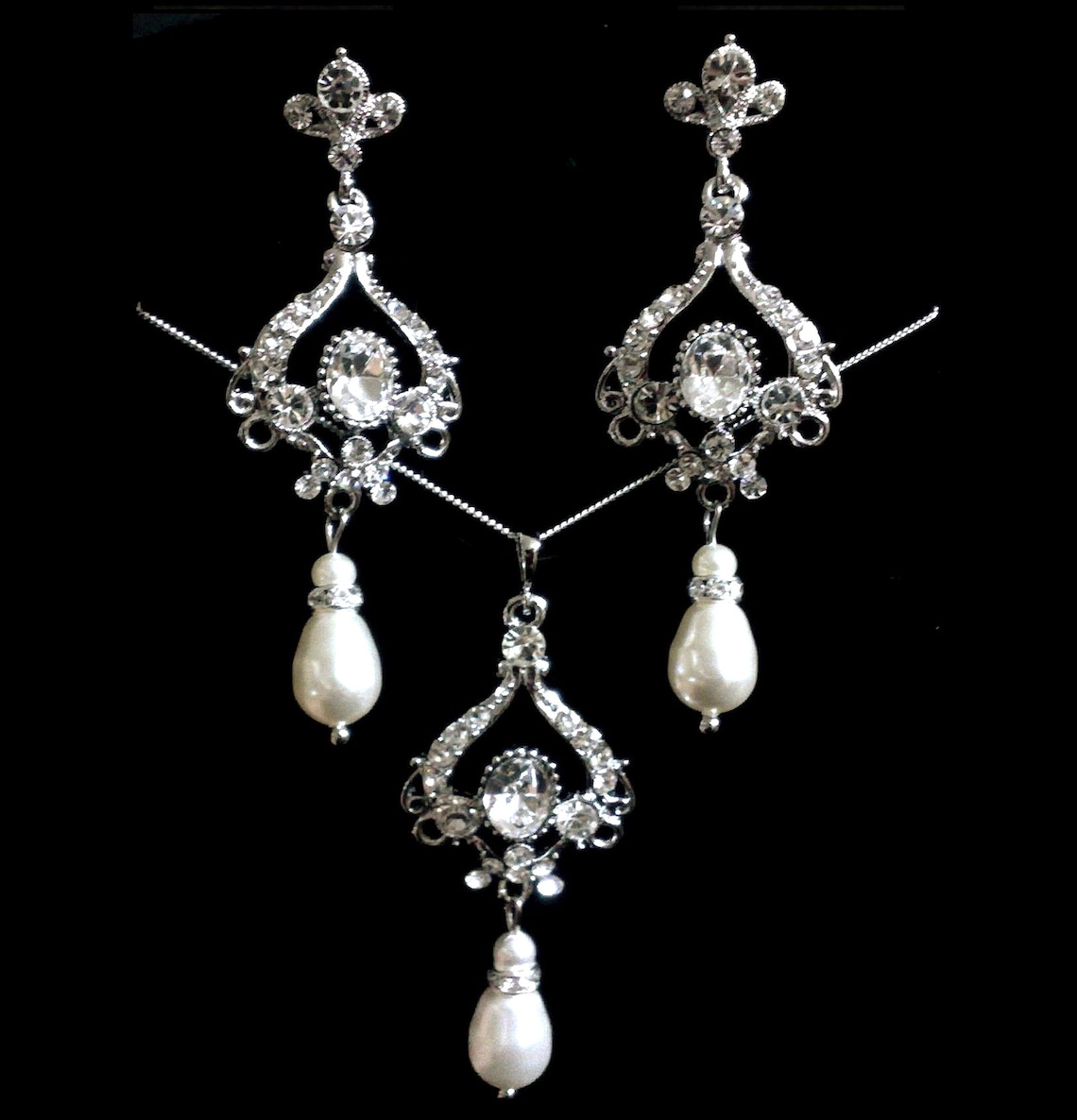 Chandelier Bridal Jewelry Set, Pearl Bridal Earrings, Clear Crystal