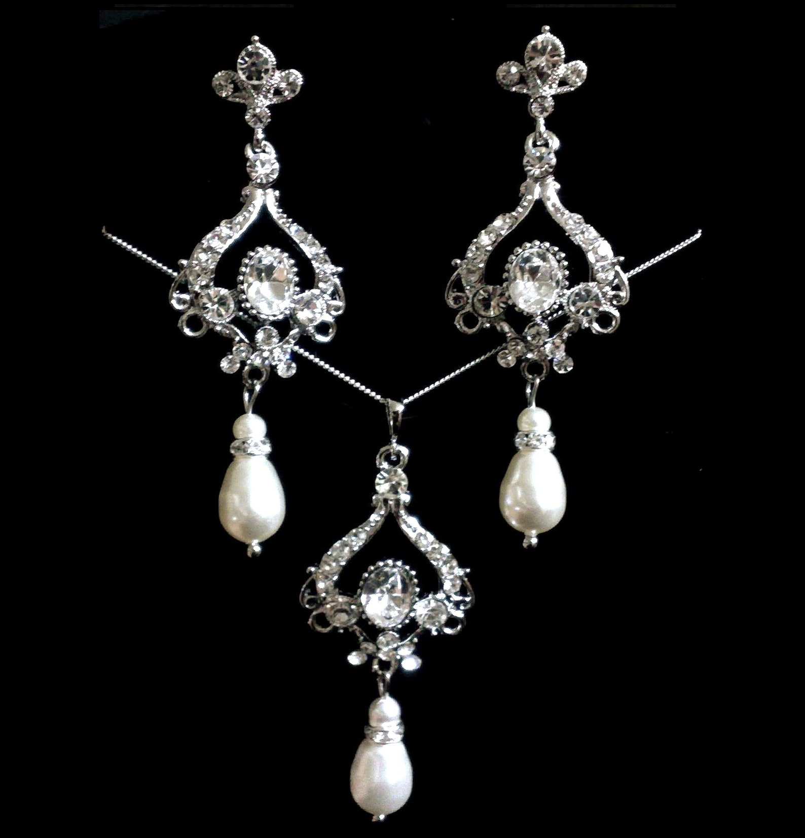 Chandelier Bridal Jewelry Set, Pearl Bridal Earrings, Clear Crystal