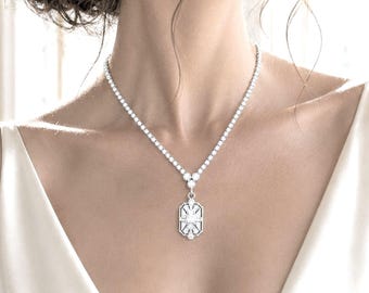 Art Deco Bridal Necklace, Gatsby Wedding 1920s Vintage Style Statement Geometric Cz Jewelry, Silver or Gold Pendant, ELITE