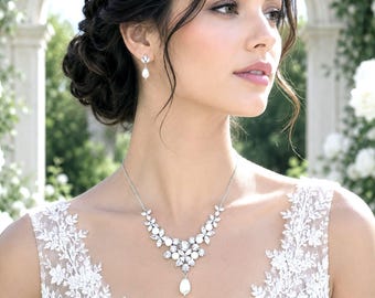 Flower Bridal Jewelry Set, Leaves Pearl Drop Cz Earrings, Floral Petals Vines Necklace Pendant, Art Nouveau Wedding Jewelry, PRESTIGIA