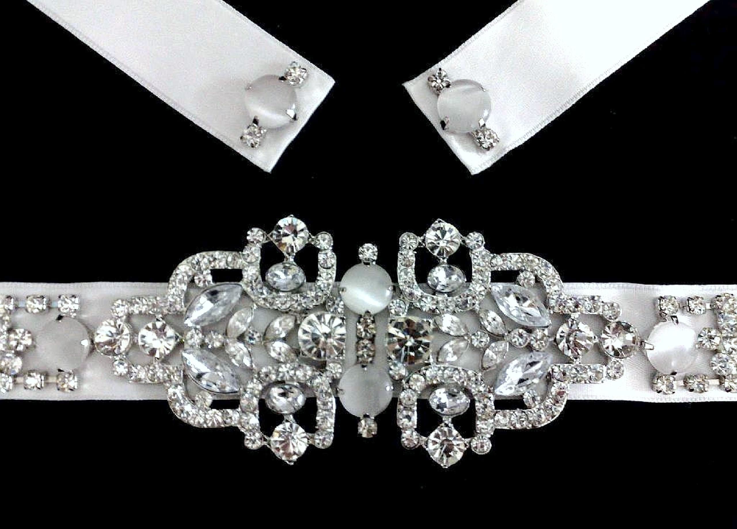 Silver Rhinestone Crystal Bridal Belt Sash Ivory Satin Ribbon Art Deco Geometric Silver Art Deco Crystal Bridal Belt, Rhinestone Wedding Sash  main image 4