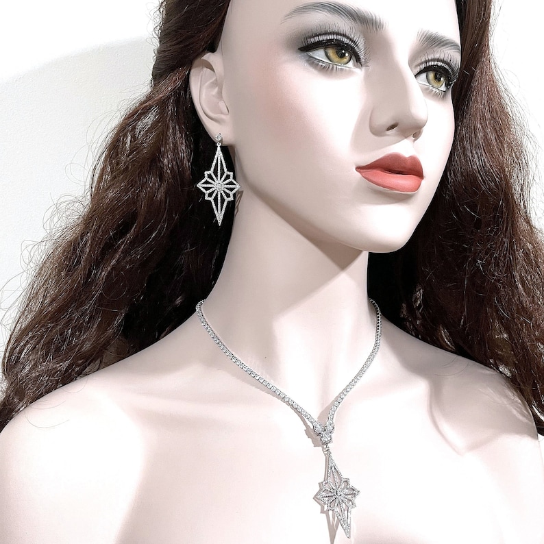 Art Deco Bridal Jewelry Set, Moon Star Earrings, Celestial Glam Statement Cz Necklace, Galaxy Wedding, LUNAR image 3