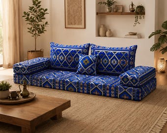 Handmade Moroccan Floor Sofa – Blue Pattern Low Seating Couch, Bohemian Living Room Decor