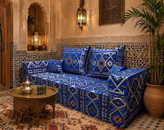 Handgemachte Marokkanische Boden Sofa – Blaue Berber Majlis Couch | Boho Arabeske Sitzgelegenheit | Traditionelles Marokkanisches Lounge Sofa |