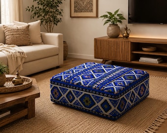 Puf otomano azul marroquí – Cojín de suelo de cuero hecho a mano, puf de decoración bohemia para el hogar
