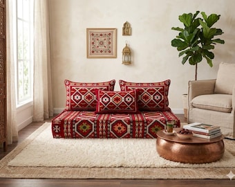 Moroccan Floor Sofa Set, Red Majlis Seating, Arabic Floor Cushions, Handmade Velvet Pouf, Berber Boho Living Room Couch,