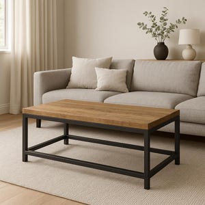 Industrial Coffee Table with Reclaimed Wood Top – Handmade Steel Frame Rustic Furniture