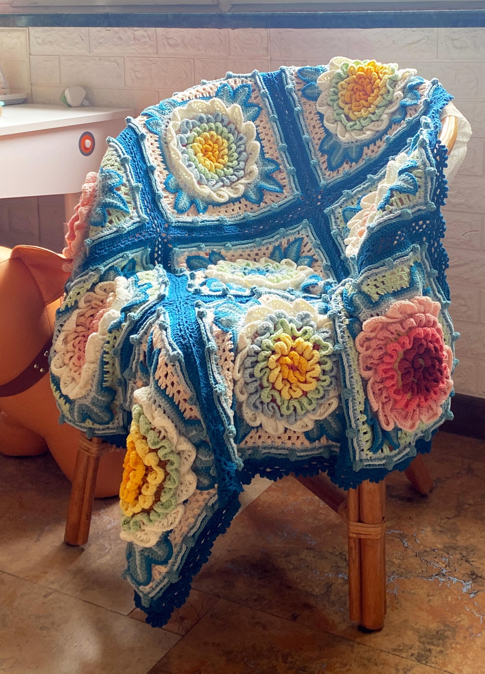 Handmade Crochet Large Blanket for Sale, 3D Peony Granny Square Blanket