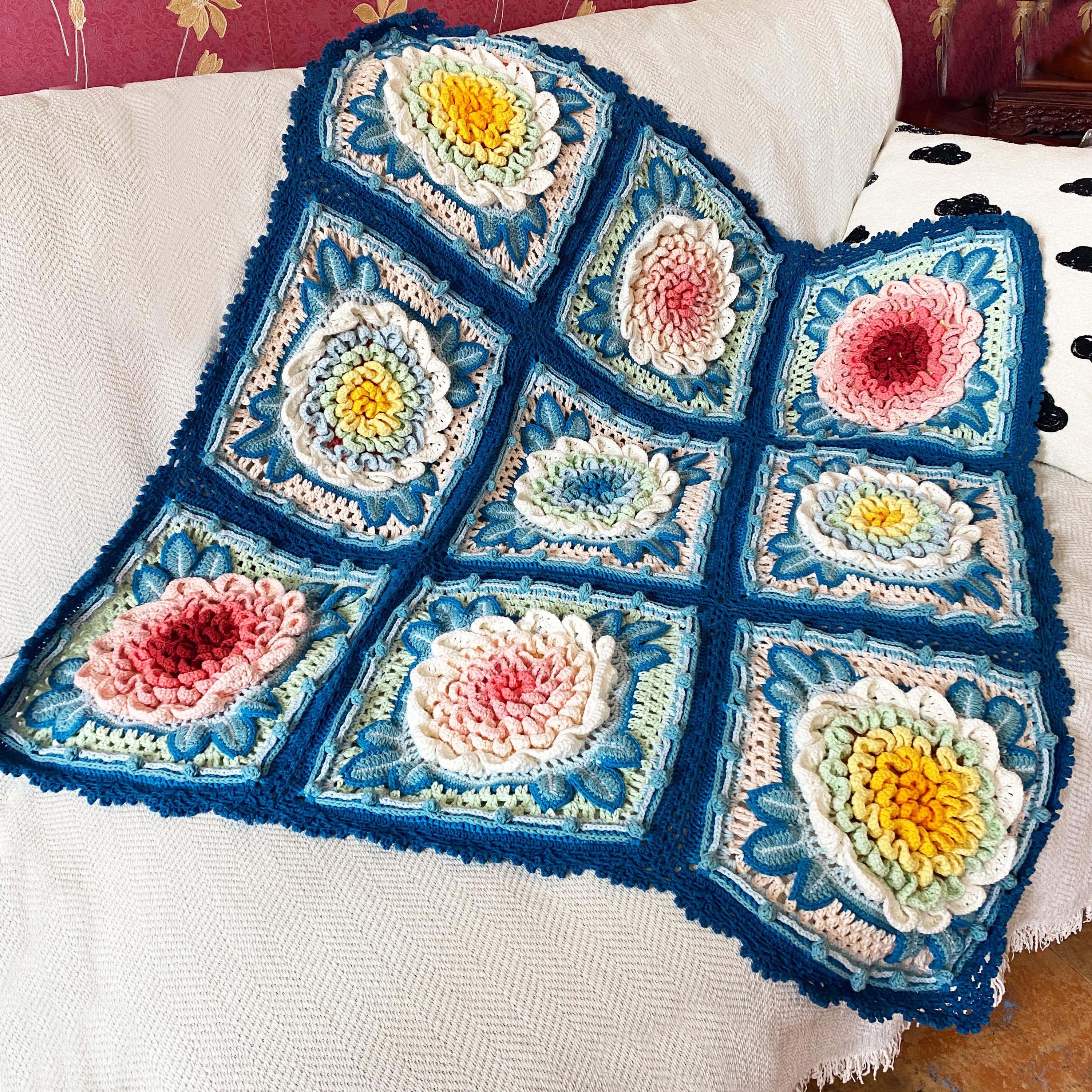 Handmade Crochet Large Blanket for Sale, 3D Peony Granny Square Blanket
