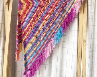 Rainbow Shawl Crochet Handmade Lace, Crochet Cotton Shawl, Shawl for Ladies with Tassels, Boho Lace Shawl, Handmade Fringe Shawl