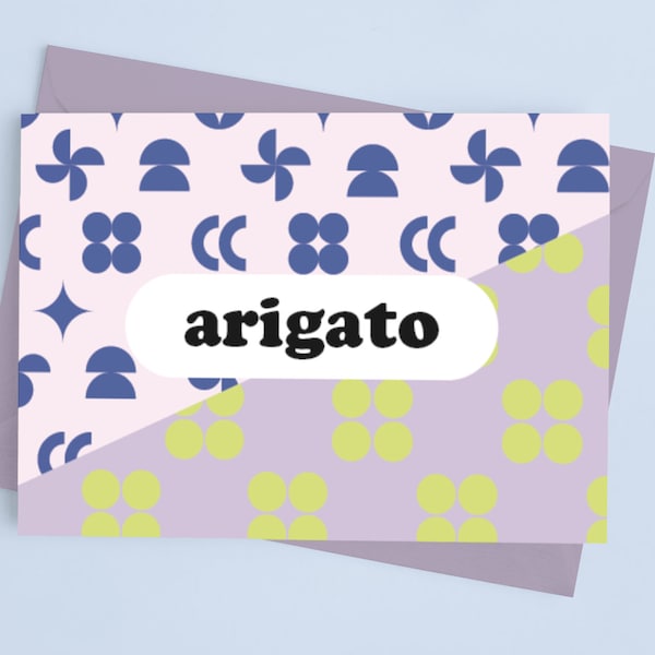 Modern Pattern Arigato Card | Printable Japanese Thank You Card | 5x7 Printable Download | Retro Shapes Colourful Japanese Greeting Cards