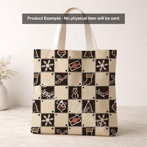 May include: A tote bag featuring a checkered pattern of cream and dark brown squares. The squares contain holiday icons including snowflakes, Christmas trees, stockings, gift boxes, snowmen, sleds, and ornaments. Text reads: Product Example - No physical item will be sent.