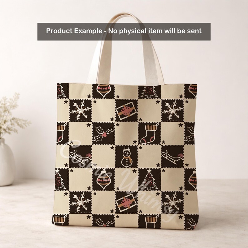 May include: A tote bag featuring a checkered pattern of cream and dark brown squares. The squares contain holiday icons including snowflakes, Christmas trees, stockings, gift boxes, snowmen, sleds, and ornaments. Text reads: Product Example - No physical item will be sent.