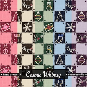 Peut inclure: Un motif sans couture composé d'une grille de carrés avec des icônes de Noël dessinées à la main, notamment des bonhommes de neige, des traîneaux, des boules, des cadeaux, des flocons, des chaussettes et du houx. Fond à rayures verticales colorées.
