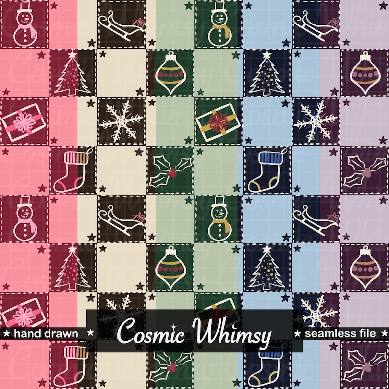 May include: A seamless pattern featuring a grid of squares with hand-drawn Christmas icons including snowmen, sleighs, ornaments, gift boxes, snowflakes, stockings, and holly leaves. The background consists of vertical stripes in pink, cream, green, blue, and purple.