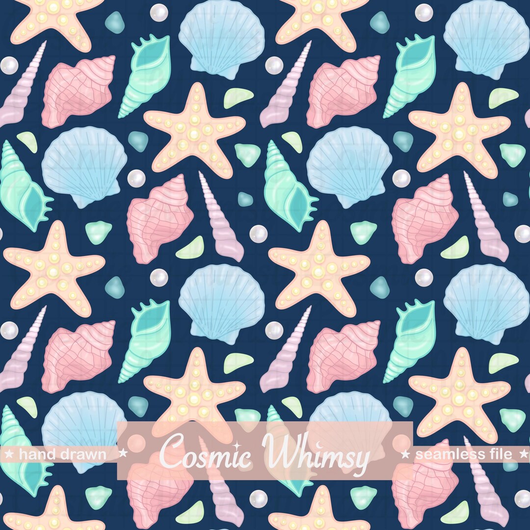 Seashell Seamless Pattern Hand Drawn PNG Navy Blue Coastal Beach Summer ...