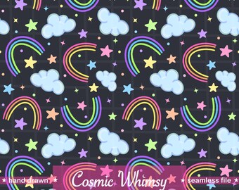 May include: A seamless pattern featuring rainbows, stars, and clouds in pastel colors on a dark gray background. The text "Cosmic Whimsy" is displayed in a pink banner, with the words "hand drawn" and "seamless file" on either side.