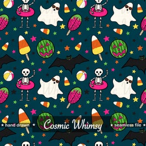 Op de afbeelding: Een naadloos patroon met Halloween-thema illustraties op een donkerblauwe achtergrond. Het ontwerp bevat skeletten in roze zwembanden, spoken met zonnebrillen, vleermuizen, watermeloen pompoenen en snoepmaïs, met de tekst "Cosmic Whimsy".