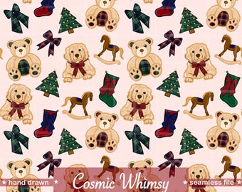 Traditional Heritage Christmas Classic Holiday Plaid Teddy Bear Golden Retriever Bow Stocking Horse Seamless Pattern Digital Paper PNG Blush