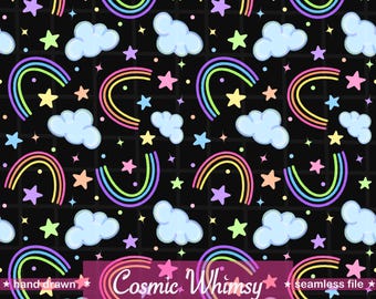 May include: Seamless pattern featuring rainbows, stars, and clouds in pastel colors on a black background. The design includes the text "Cosmic Whimsy" and "hand drawn" and "seamless file". The pattern is suitable for various applications.