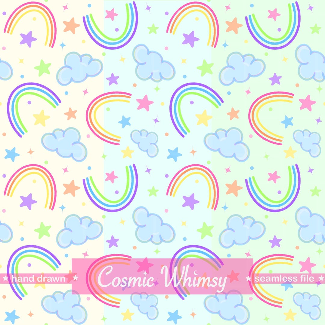 Rainbow Clouds Seamless Pattern Hand Drawn Kawaii Stars PNG Digital ...