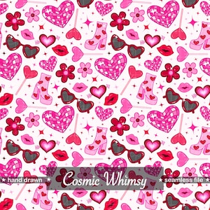 Może przedstawiać: Powtarzający się wzór z różowymi sercami, kwiatami, ustami, okularami przeciwsłonecznymi i butami. Projekt zawiera tekst "Cosmic Whimsy" oraz słowa "hand drawn" i "seamless file".