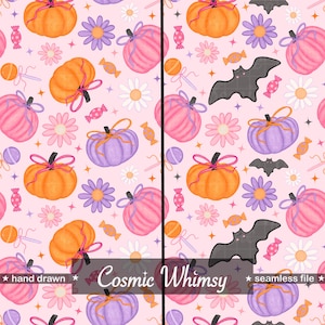 Puede incluir: Un patrón continuo sobre fondo rosa claro con calabazas naranjas y moradas atadas con lazos, margaritas moradas y blancas, murciélagos negros y caramelos de colores. El texto Cosmic Whimsy está centrado en la parte inferior.
