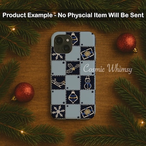 May include: A smartphone case featuring a light blue and dark blue checkered pattern with holiday icons including snowflakes, wrapped gifts, holly leaves, a sleigh, a snowman, and ornaments. The text Cosmic Whimsy is printed on the right side.