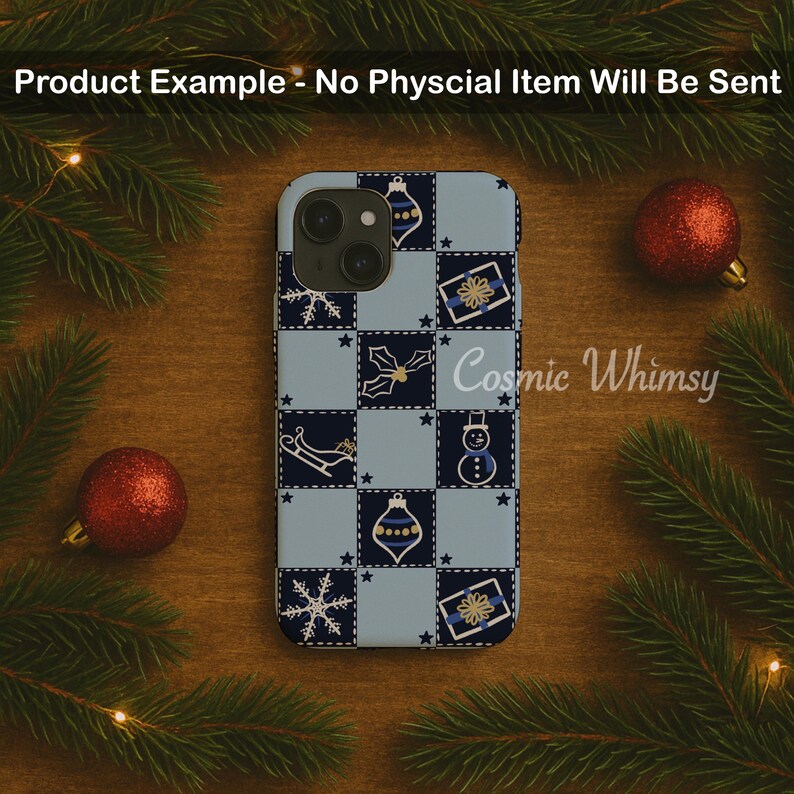 May include: A smartphone case featuring a light blue and dark blue checkered pattern with holiday icons including snowflakes, wrapped gifts, holly leaves, a sleigh, a snowman, and ornaments. The text Cosmic Whimsy is printed on the right side.