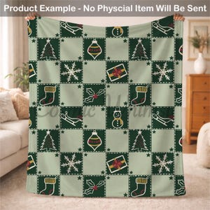May include: A throw blanket featuring a checkered pattern of alternating dark green and light sage green squares. The squares are decorated with white line art icons of Christmas trees, snowflakes, stockings, sleds, ornaments, gifts, and holly.