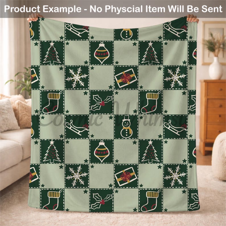 May include: A throw blanket featuring a checkered pattern of alternating dark green and light sage green squares. The squares are decorated with white line art icons of Christmas trees, snowflakes, stockings, sleds, ornaments, gifts, and holly.
