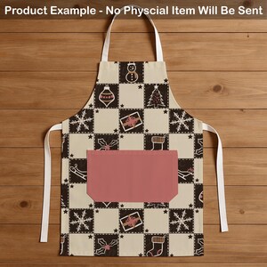 May include: A kitchen apron featuring a checkered pattern of cream and dark brown squares. The design includes holiday icons like snowmen, Christmas trees, snowflakes, gifts, and stockings. A solid dusty pink pocket is centered on the front.
