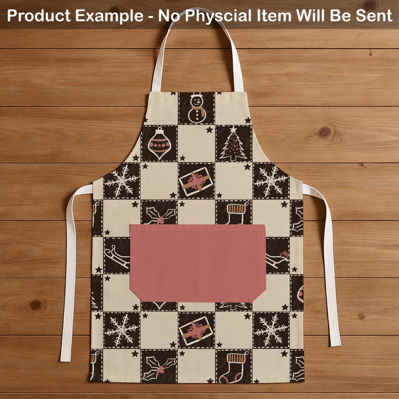 May include: A kitchen apron featuring a checkered pattern of cream and dark brown squares. The design includes holiday icons like snowmen, Christmas trees, snowflakes, gifts, and stockings. A solid dusty pink pocket is centered on the front.