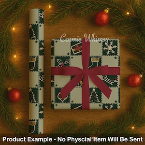 May include: A roll of wrapping paper and a square gift box wrapped in the same paper, featuring a grid pattern of dark green and light cream squares with white line art of Christmas trees, stockings, snowflakes, and sleds, tied with a red ribbon.