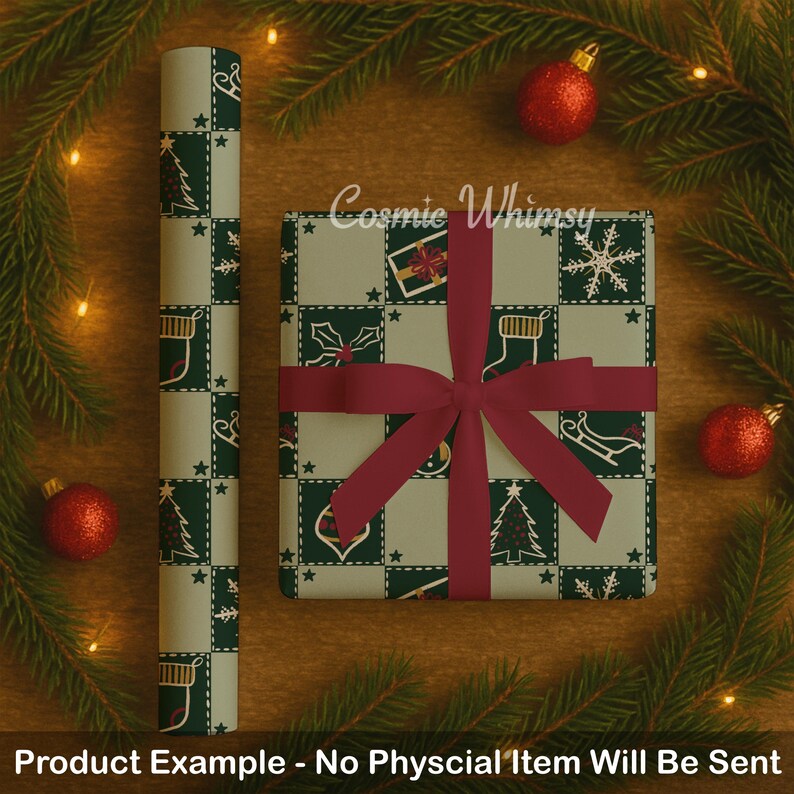 May include: A roll of wrapping paper and a square gift box wrapped in the same paper, featuring a grid pattern of dark green and light cream squares with white line art of Christmas trees, stockings, snowflakes, and sleds, tied with a red ribbon.