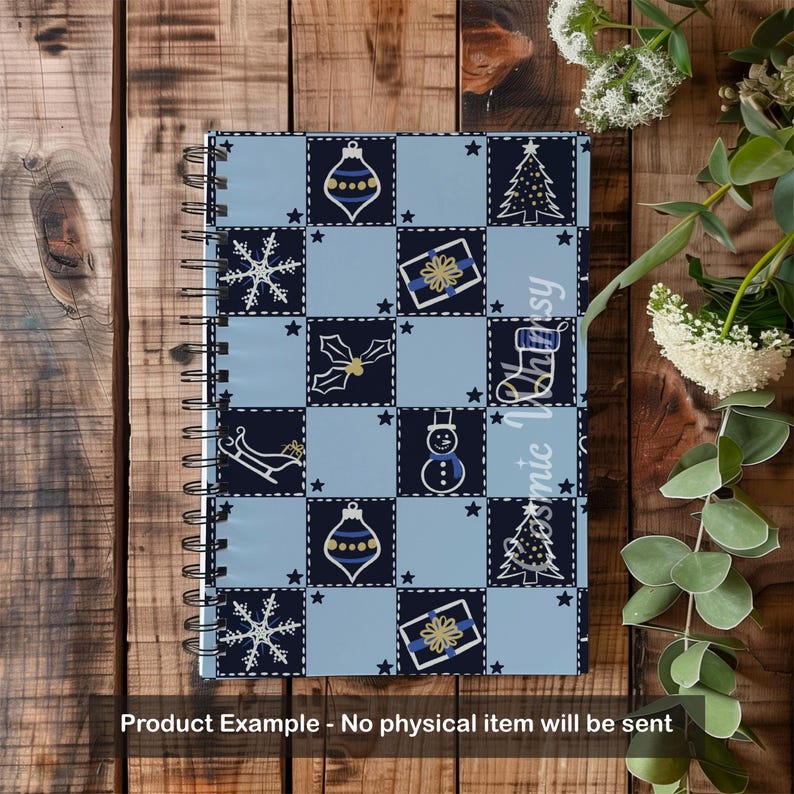 May include: A spiral-bound notebook featuring a checkered pattern of light blue and dark navy squares. The squares contain white and gold holiday icons including snowflakes, Christmas trees, ornaments, gift boxes, holly, a sleigh, and a snowman.