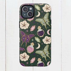Witchy Luna Moth MagSafe-skal grönt iPhone 17 16 15 14 13 Skyddande glansig matt finish Midnight Apothecary Celestial Potions Moon Flowers