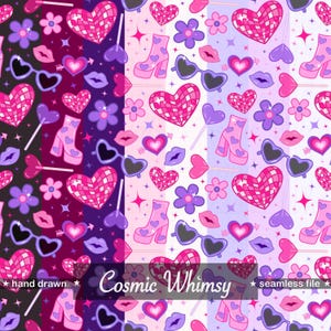 Może przedstawiać: Bezszwowy wzór o fantazyjnym designie z sercami, kwiatami, okularami przeciwsłonecznymi, butami i ustami w odcieniach różu, fioletu i czerni. Tekst "Cosmic Whimsy" jest wyświetlany na środku obrazu.