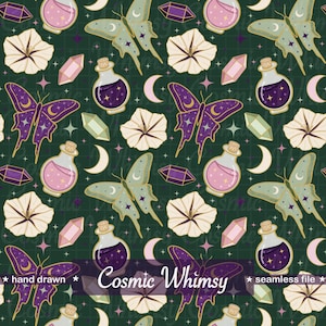May include: Seamless pattern featuring butterflies, potion bottles, crystals, moons, and flowers in shades of purple, green, and cream on a dark green background. The text "Cosmic Whimsy" is displayed in the center of the image.