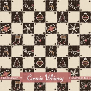 Neutral Christmas Patchwork Seamless Pattern, Hand Drawn Checkerboard Minimalist Winter Holiday Digital Paper (PNG Download) NO AI