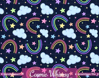 May include: A seamless pattern featuring rainbows, stars, and clouds in pastel colors on a dark blue background. The text "Cosmic Whimsy" is displayed in a pink banner, with the words "hand drawn" and "seamless file" on either side.