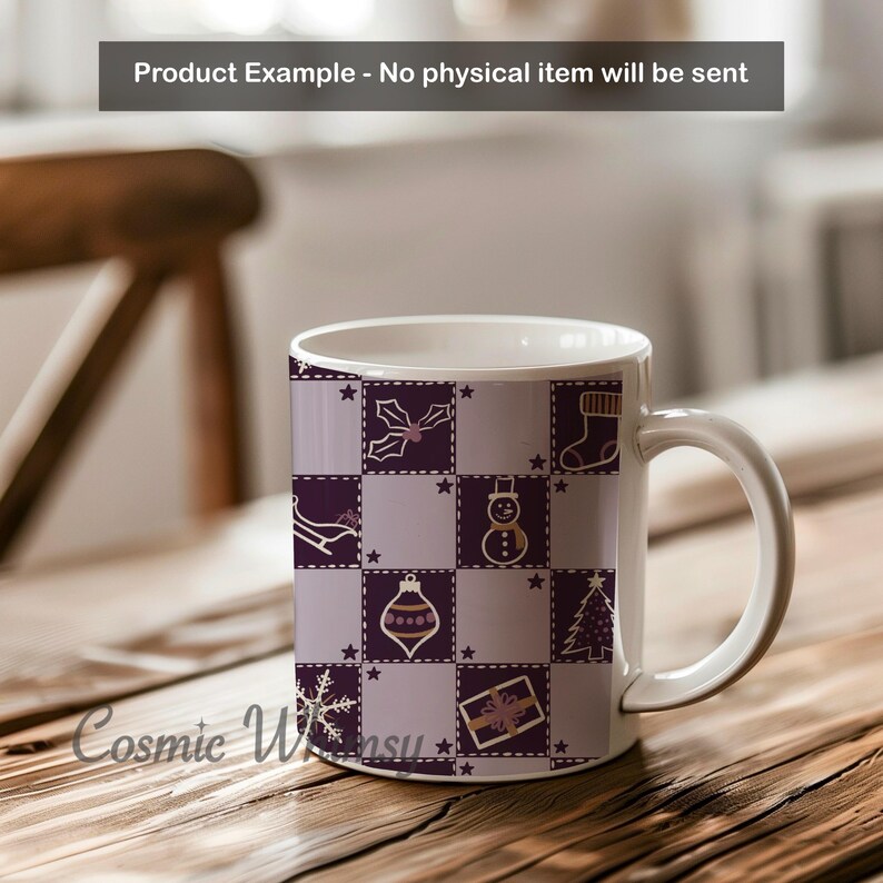 May include: A white ceramic mug featuring a repeating patchwork pattern of dark purple and light lavender squares. Each square contains a white line-art holiday icon, including a snowman, Christmas tree, gift, snowflake, holly, and stocking.