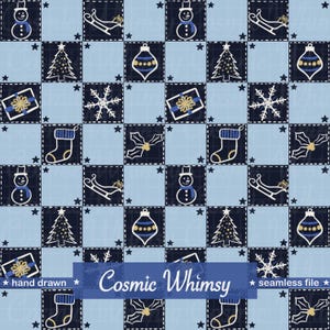 May include: A seamless pattern featuring a grid of light blue and dark navy squares. The dark squares contain white line drawings of snowmen, sleighs, Christmas trees, ornaments, gifts, snowflakes, stockings, and holly. Text reads Cosmic Whimsy.