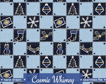 Navy Gold Christmas Patchwork Seamless Pattern, Hand Drawn Checkerboard Winter Holiday Digital Paper (PNG Download) NO AI
