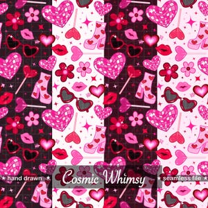Może przedstawiać: Bezszwowy wzór z powtarzającym się wzorem różowych serc z kulą dyskotekową, okularów przeciwsłonecznych w kształcie serca, ust, kwiatów i butów. Tekst "Cosmic Whimsy" jest wyświetlany na środku obrazu.