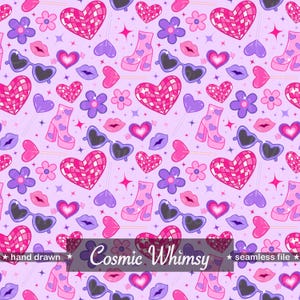Może przedstawiać: Powtarzający się wzór z sercami, kwiatami, butami, okularami przeciwsłonecznymi i ustami w odcieniach różu, fioletu i czerni na jasnofioletowym tle. Tekst "Cosmic Whimsy" jest wyświetlany pośrodku.