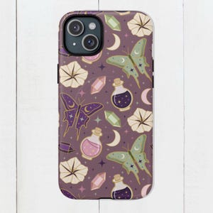 Witchy Luna Moth MagSafe-skal mauve iPhone 17 16 15 14 13 Skyddande glansig matt finish Midnight Apothecary Celestial Potions Moon Flowers