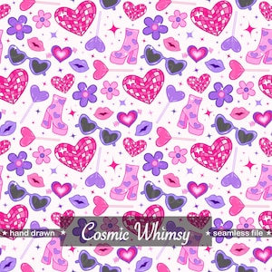 Może przedstawiać: Bezszwowy wzór na białym tle z różowymi i fioletowymi sercami, kwiatami, butami, okularami przeciwsłonecznymi i ustami. Tekst "Cosmic Whimsy" jest wyświetlany na środku obrazu.